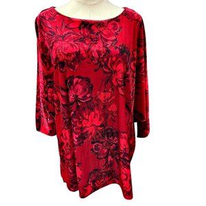 NEW Slim Factor Investments Velvet Tunic Top Sz M Red Black Floral Dark Romantic